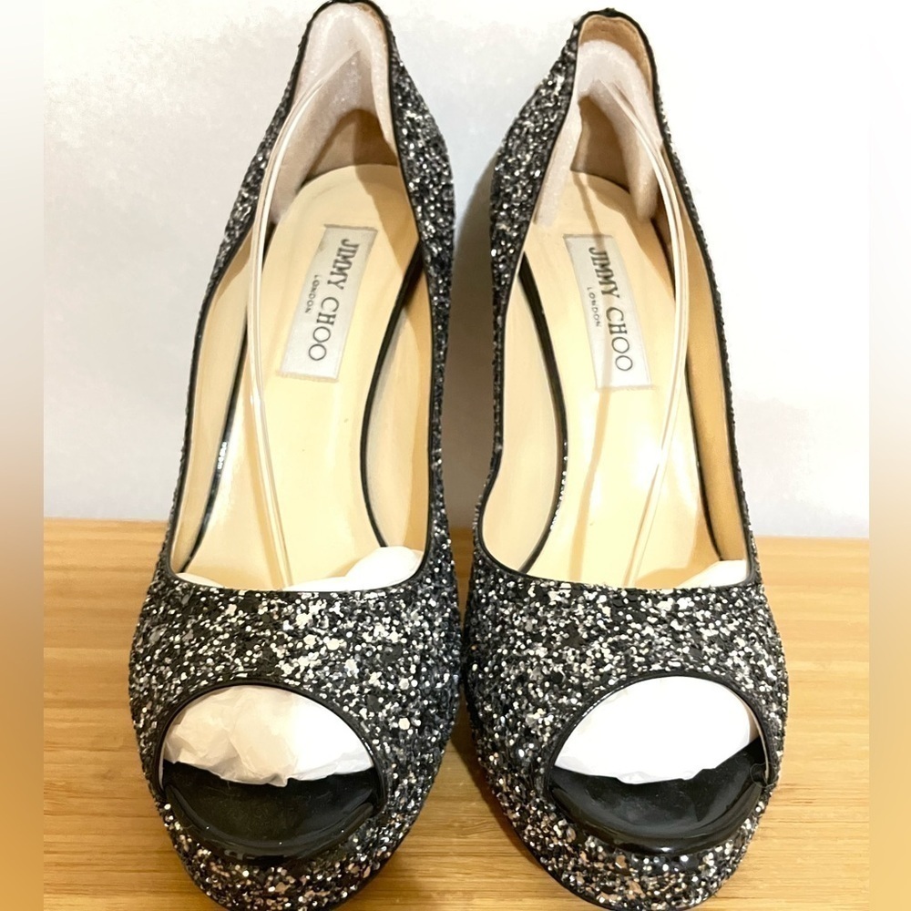 Jimmy Choo Dhalia stilleto pumps 120mm platform black silver chunky glitter 38.5 - Picture 10 of 10